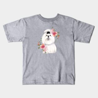 Cute White Shih Tzu with Flowers Watercolor Art Kids T-Shirt